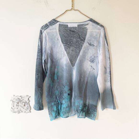Ma+ch Marika Charles Blue Gray Tie Dye Cotton V- Neck Cardigan Sweater 2 / M - Picture 4 of 6